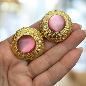 Vintage Gold-Tone Pink Cat's Eye Dome Earrings